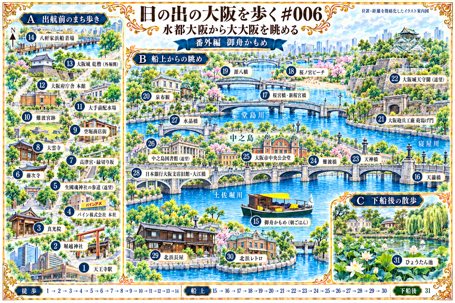 乗船前の散歩1〜14、御舟かもめからの眺め15〜30、下船後のひょうたん池31を描いた水彩イラスト地図