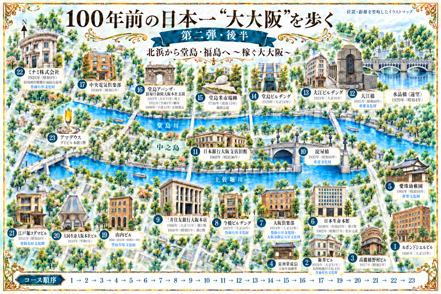 北浜・堂島・福島の近代建築を巡る第二弾後半の水彩イラスト地図